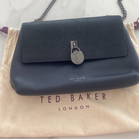 NWOT TED BAKER LONDON Leather Pony Hair Crossbody Bag Navy Blue - Picture 2 of 3